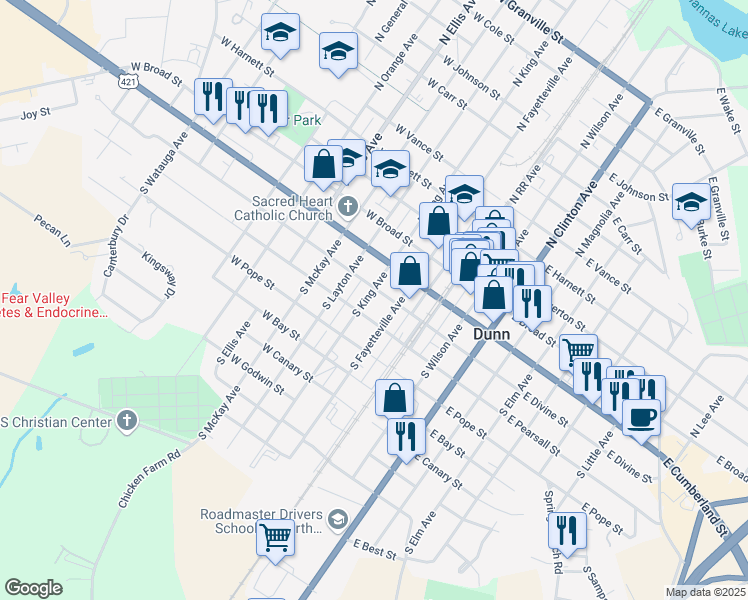 map of restaurants, bars, coffee shops, grocery stores, and more near 209 West Divine Street in Dunn
