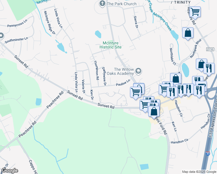 map of restaurants, bars, coffee shops, grocery stores, and more near 3712 Pauline Lane in Charlotte