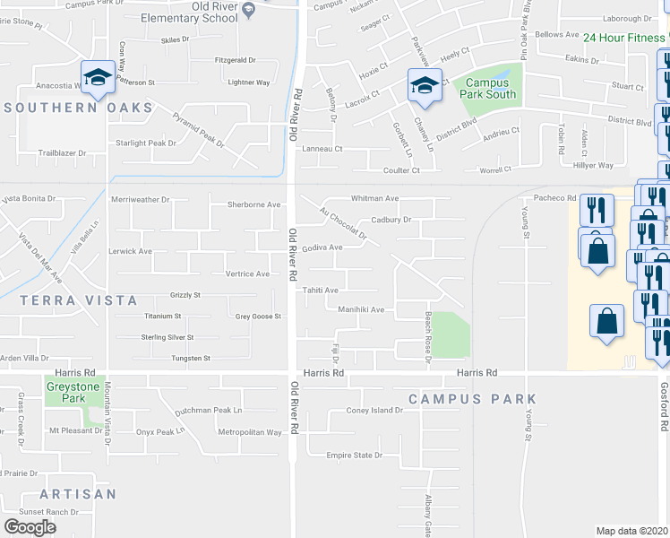 map of restaurants, bars, coffee shops, grocery stores, and more near Degranvelle Drive in Bakersfield