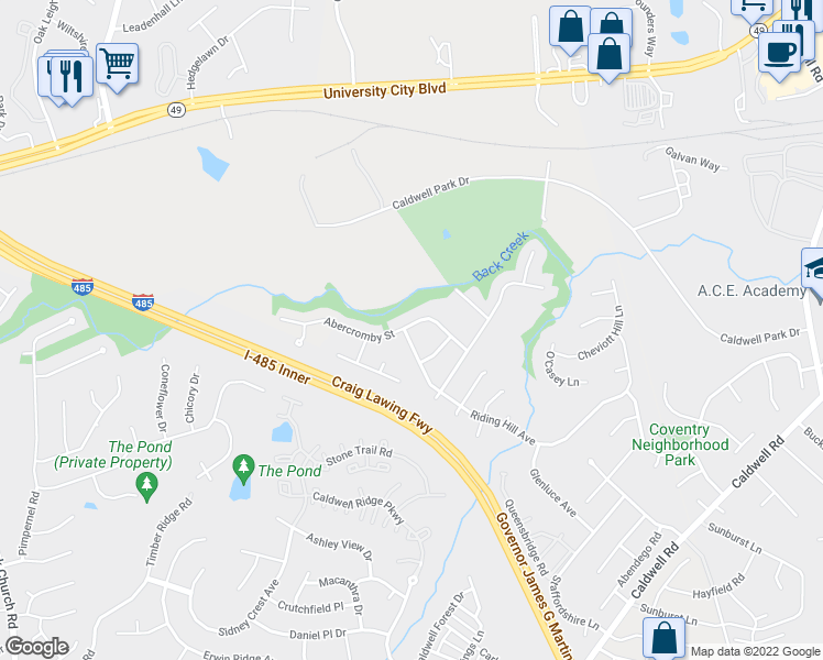 map of restaurants, bars, coffee shops, grocery stores, and more near 13603 Riding Hill Avenue in Charlotte