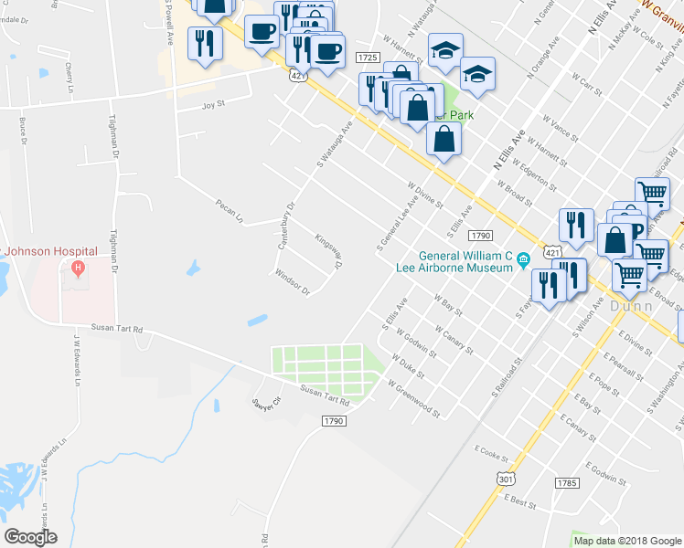 map of restaurants, bars, coffee shops, grocery stores, and more near 116 Kingsway Drive in Dunn