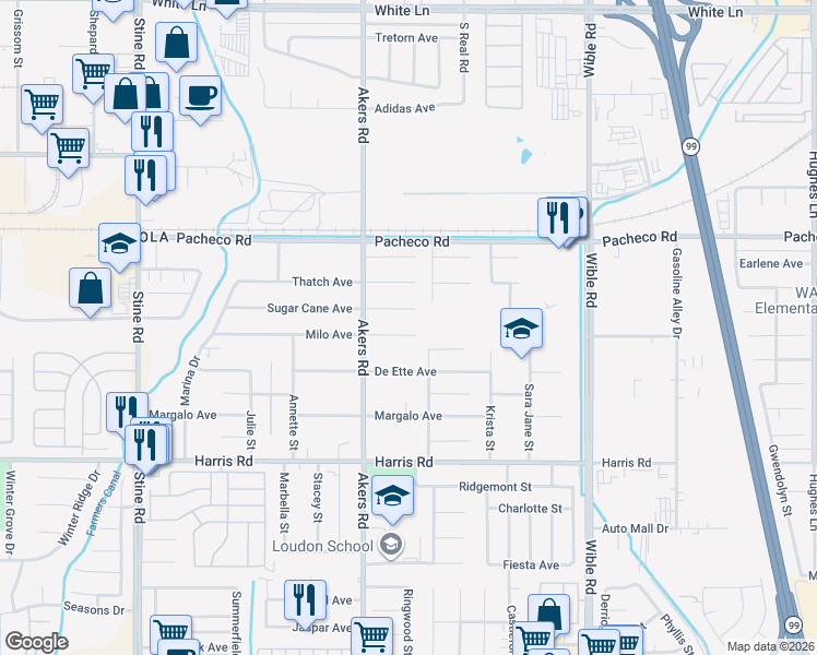 map of restaurants, bars, coffee shops, grocery stores, and more near 4009 Milo Avenue in Bakersfield