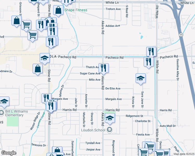 map of restaurants, bars, coffee shops, grocery stores, and more near 4212 Milo Avenue in Bakersfield