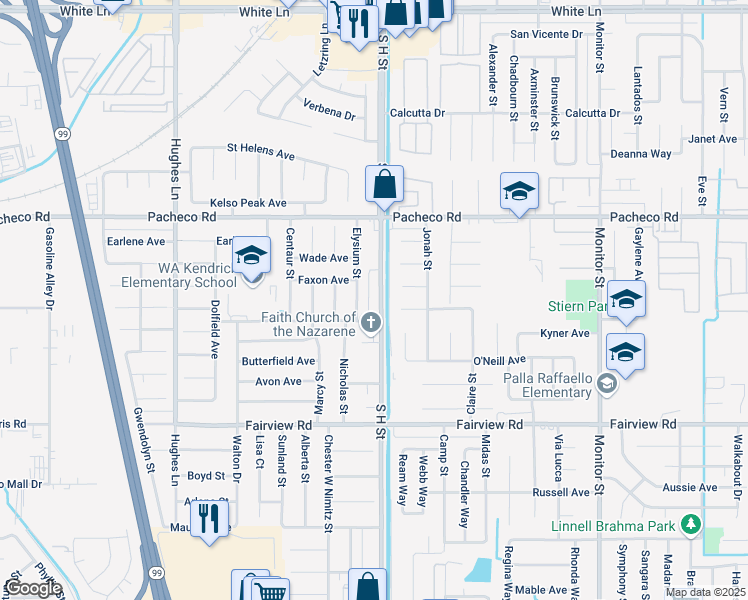 map of restaurants, bars, coffee shops, grocery stores, and more near 5208 Elysium Street in Bakersfield