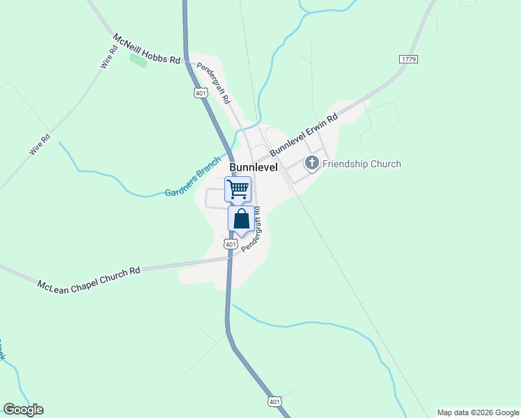 map of restaurants, bars, coffee shops, grocery stores, and more near 629 Pendergraft Road in Bunnlevel