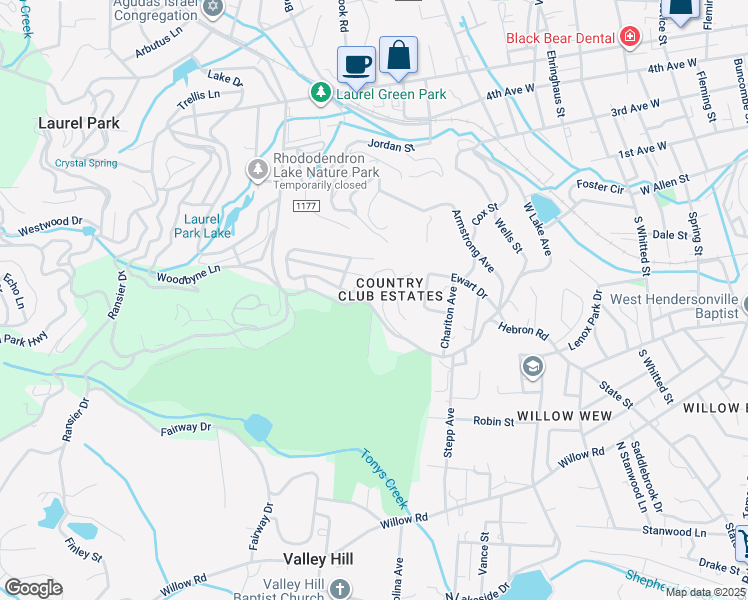 map of restaurants, bars, coffee shops, grocery stores, and more near 107 O'Hara Circle in Hendersonville