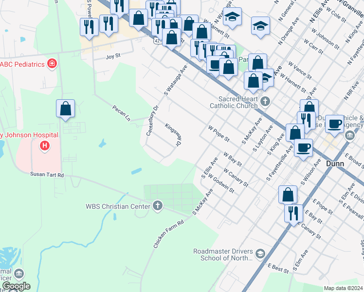 map of restaurants, bars, coffee shops, grocery stores, and more near 116 Kingsway Drive in Dunn