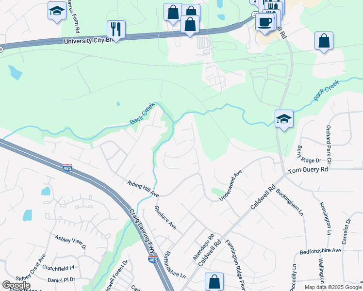 map of restaurants, bars, coffee shops, grocery stores, and more near 11903 Cheviott Hill Lane in Charlotte