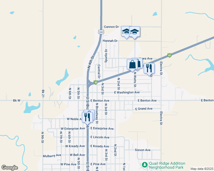 map of restaurants, bars, coffee shops, grocery stores, and more near 1502 North 3rd Street in Sayre