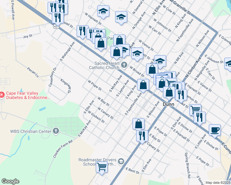 map of restaurants, bars, coffee shops, grocery stores, and more near 400 South Layton Avenue in Dunn
