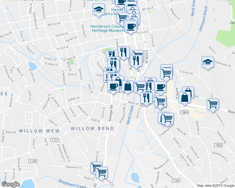 map of restaurants, bars, coffee shops, grocery stores, and more near 704 White Street in Hendersonville