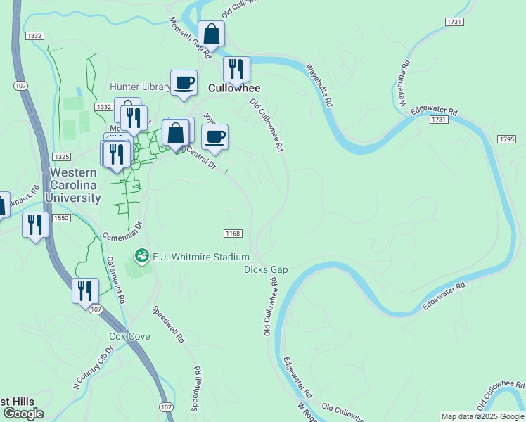 map of restaurants, bars, coffee shops, grocery stores, and more near Old Cullowhee Road in Cullowhee