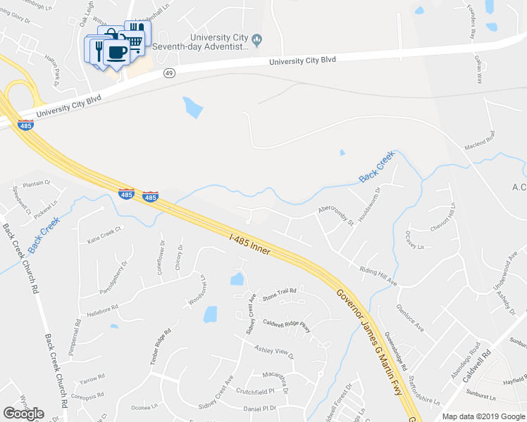 map of restaurants, bars, coffee shops, grocery stores, and more near 5019 Abercromby Street in Charlotte