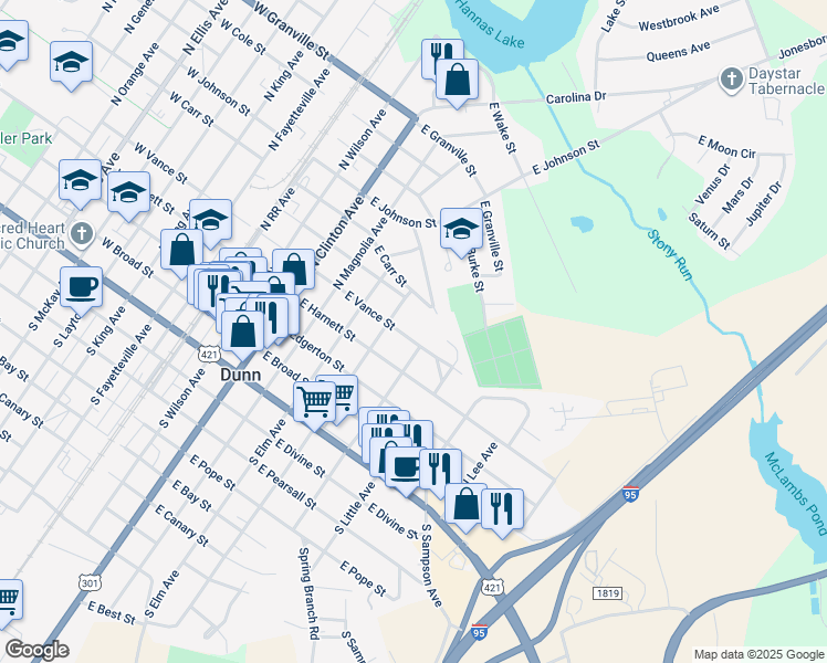 map of restaurants, bars, coffee shops, grocery stores, and more near 611 E Vance St in Dunn