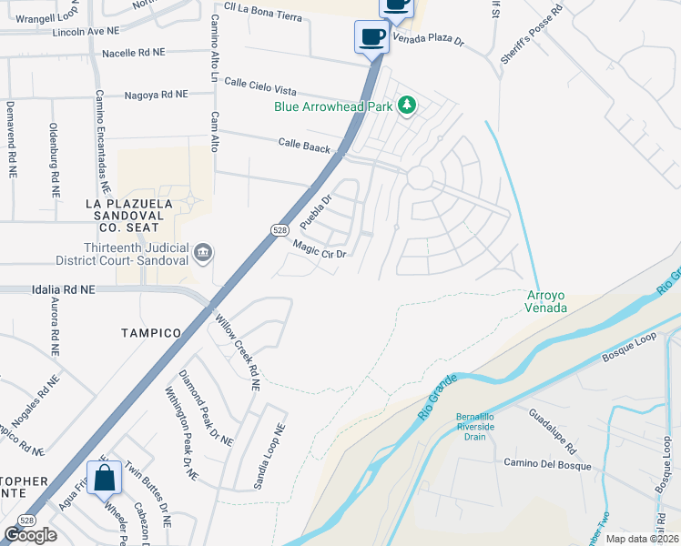map of restaurants, bars, coffee shops, grocery stores, and more near 1110 San Luis Court in Bernalillo