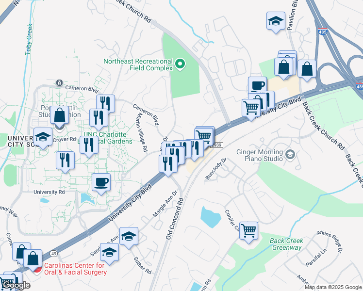 map of restaurants, bars, coffee shops, grocery stores, and more near University Terrace Drive in Charlotte
