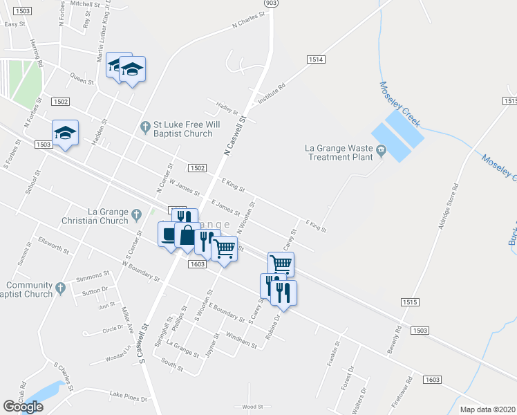 map of restaurants, bars, coffee shops, grocery stores, and more near 208 North Wooten Street in La Grange