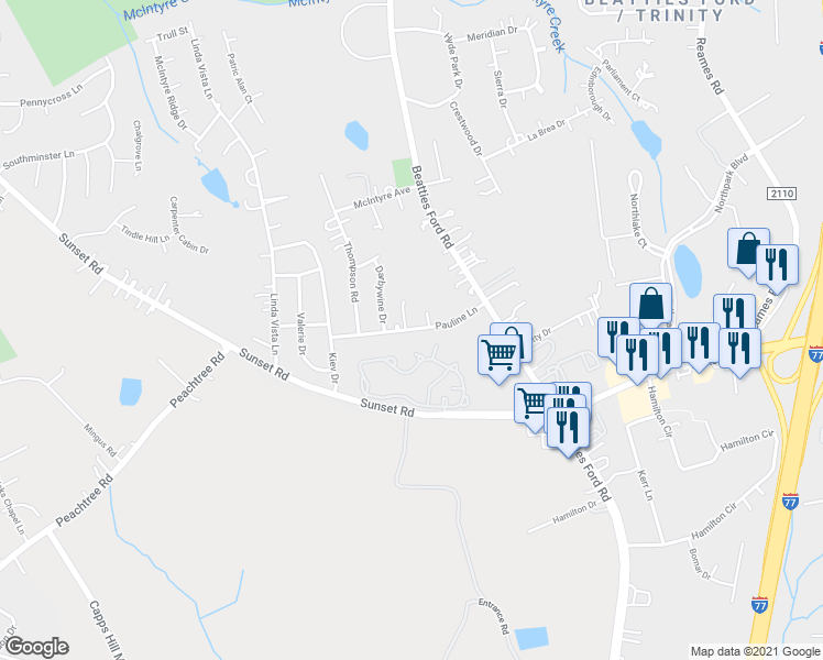 map of restaurants, bars, coffee shops, grocery stores, and more near Pauline Lane in Charlotte