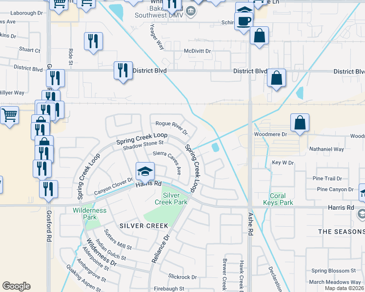 map of restaurants, bars, coffee shops, grocery stores, and more near 4742 Shadow Stone Street in Bakersfield
