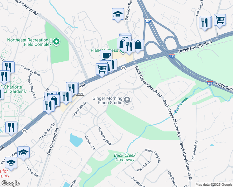 map of restaurants, bars, coffee shops, grocery stores, and more near 10010 University Park Lane in Charlotte