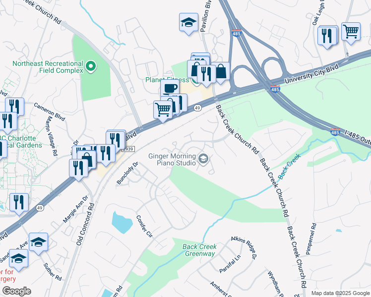 map of restaurants, bars, coffee shops, grocery stores, and more near 10010 University Park Lane in Charlotte