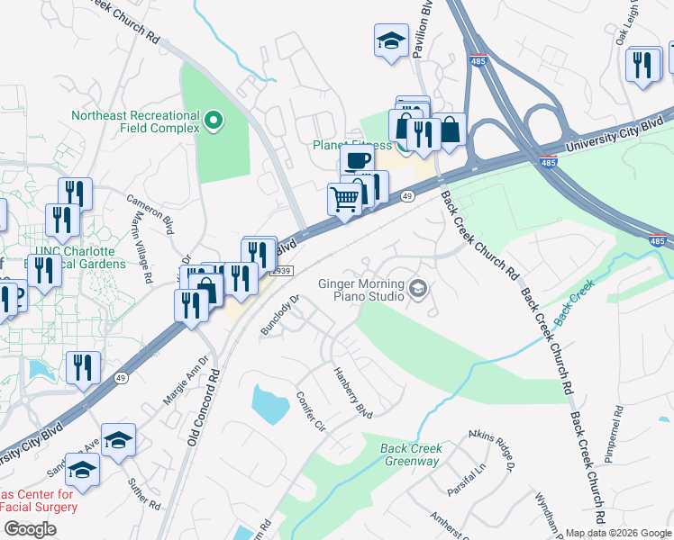 map of restaurants, bars, coffee shops, grocery stores, and more near 1752 Pergola Place in Charlotte