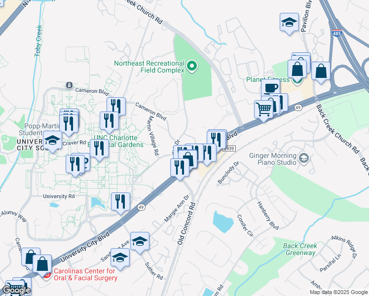 map of restaurants, bars, coffee shops, grocery stores, and more near 9539 University Terrace Drive in Charlotte