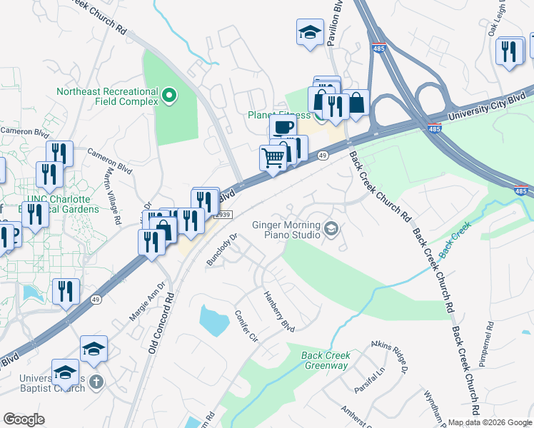 map of restaurants, bars, coffee shops, grocery stores, and more near 1752 Pergola Place in Charlotte