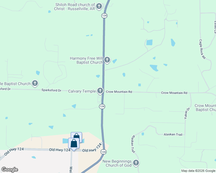 map of restaurants, bars, coffee shops, grocery stores, and more near 3104 Arkansas 124 in Russellville