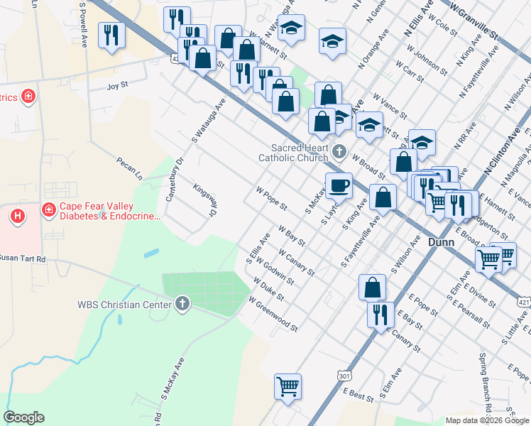 map of restaurants, bars, coffee shops, grocery stores, and more near 507 South Orange Avenue in Dunn