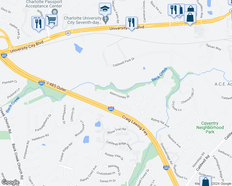map of restaurants, bars, coffee shops, grocery stores, and more near 4924 Abercromby Street in Charlotte