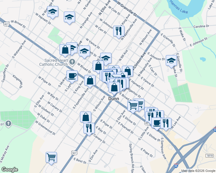map of restaurants, bars, coffee shops, grocery stores, and more near 200 South Wilson Avenue in Dunn