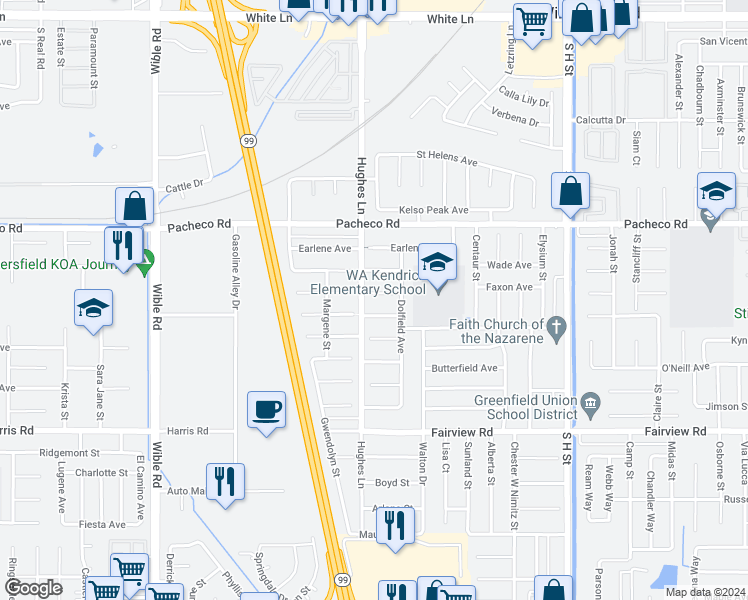 map of restaurants, bars, coffee shops, grocery stores, and more near 2409 Bernice Court in Bakersfield