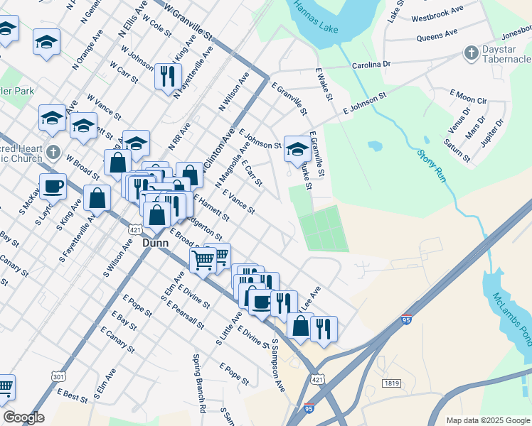 map of restaurants, bars, coffee shops, grocery stores, and more near 611 E Vance St in Dunn