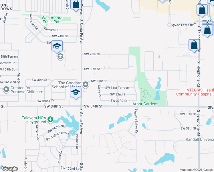 map of restaurants, bars, coffee shops, grocery stores, and more near 1729 Southwest 31ST Terrace in Moore