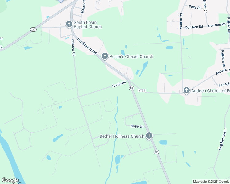 map of restaurants, bars, coffee shops, grocery stores, and more near Norris Road in Erwin