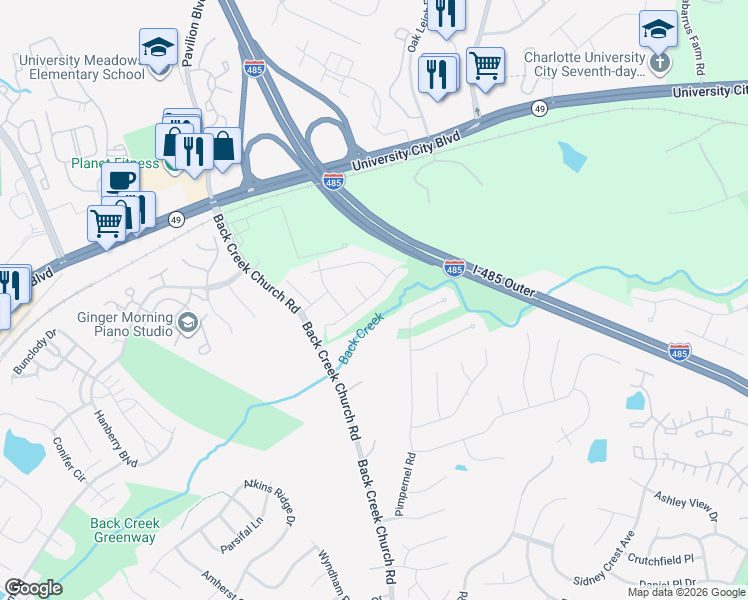 map of restaurants, bars, coffee shops, grocery stores, and more near 10520 Pickerel Lane in Charlotte