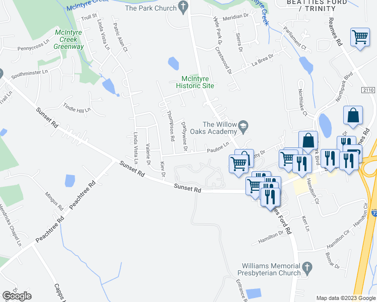 map of restaurants, bars, coffee shops, grocery stores, and more near 1904 Darbywine Drive in Charlotte