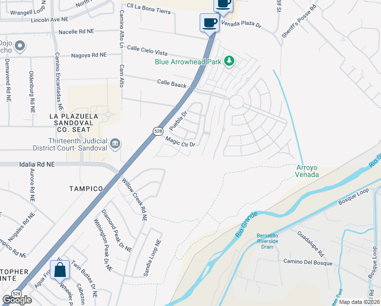 map of restaurants, bars, coffee shops, grocery stores, and more near San Luis Court in Bernalillo