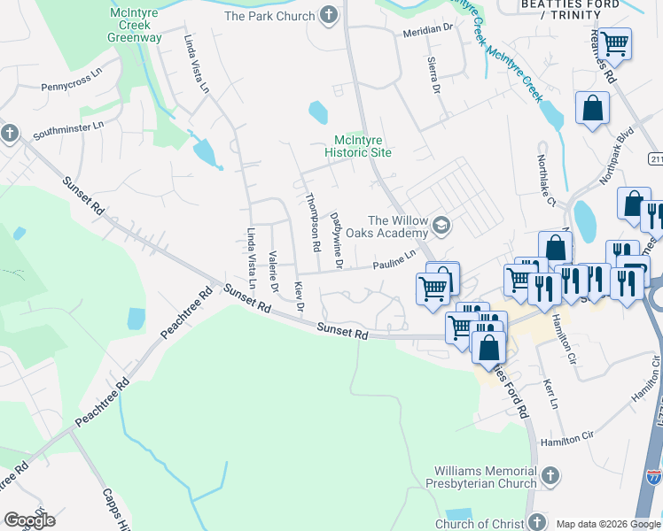 map of restaurants, bars, coffee shops, grocery stores, and more near 1920 Darbywine Drive in Charlotte