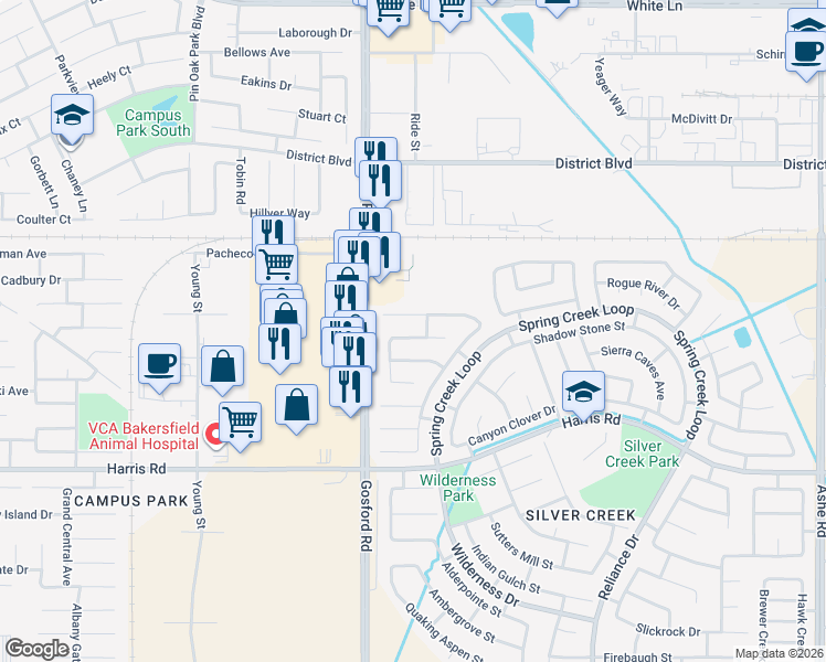 map of restaurants, bars, coffee shops, grocery stores, and more near 8004 River Mist Avenue in Bakersfield