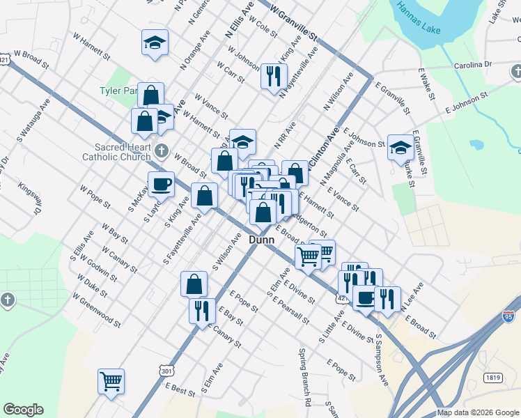 map of restaurants, bars, coffee shops, grocery stores, and more near 121 North Wilson Avenue in Dunn