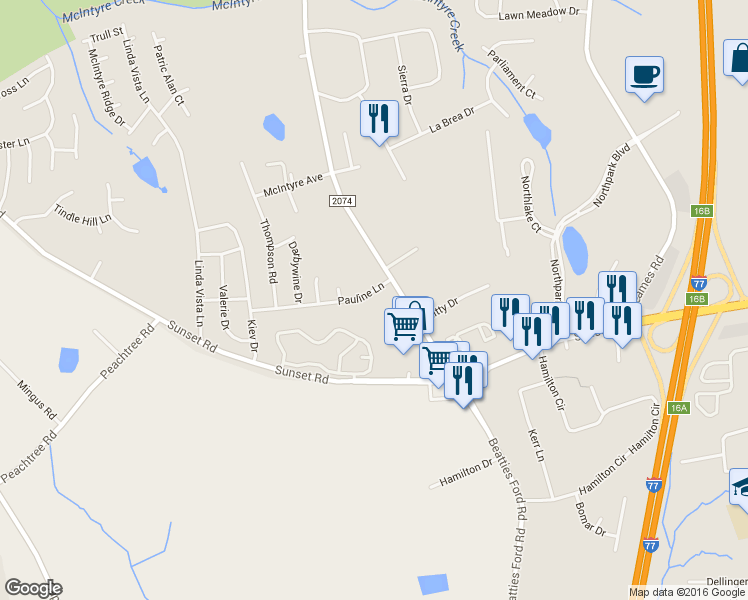 map of restaurants, bars, coffee shops, grocery stores, and more near 3834 Pauline Lane in Charlotte