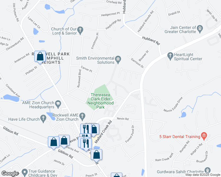 map of restaurants, bars, coffee shops, grocery stores, and more near 6505 Forestrock Drive in Charlotte