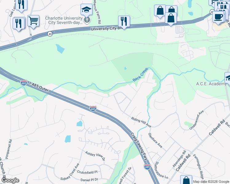 map of restaurants, bars, coffee shops, grocery stores, and more near 4736 Abercromby Street in Charlotte