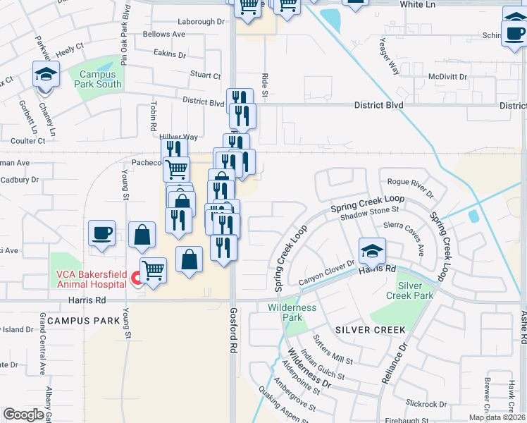 map of restaurants, bars, coffee shops, grocery stores, and more near 8004 River Mist Avenue in Bakersfield