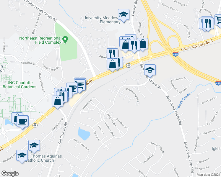map of restaurants, bars, coffee shops, grocery stores, and more near 1737 Pergola Place in Charlotte