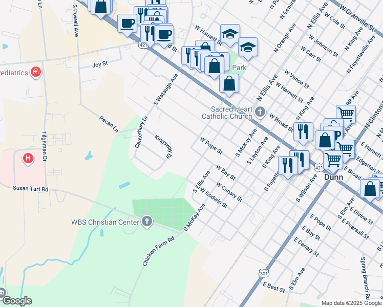 map of restaurants, bars, coffee shops, grocery stores, and more near 707 West Bay Street in Dunn