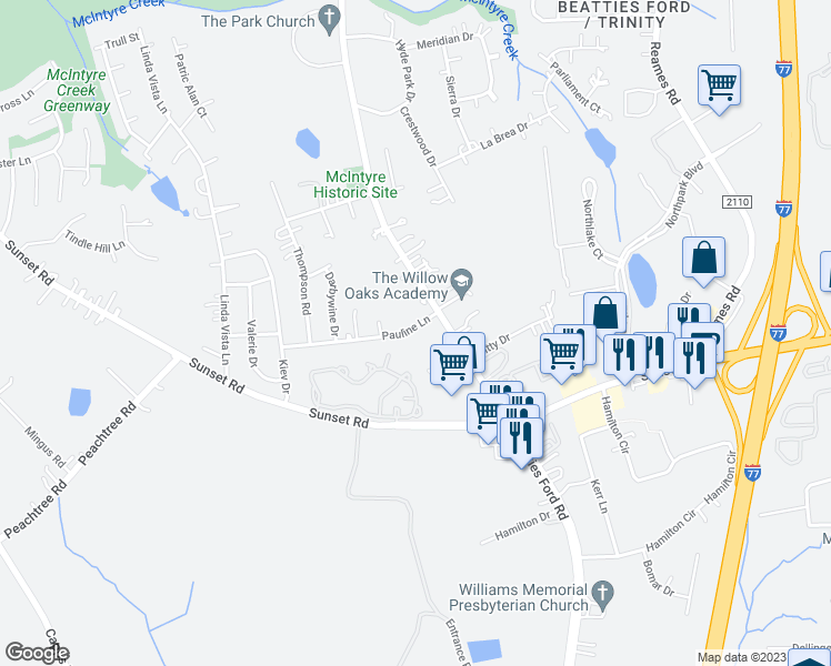 map of restaurants, bars, coffee shops, grocery stores, and more near 3834 Pauline Lane in Charlotte