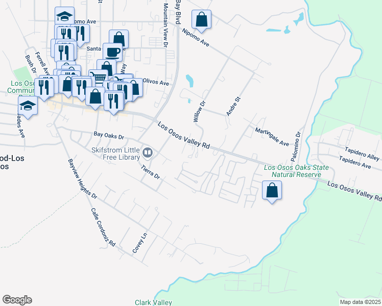map of restaurants, bars, coffee shops, grocery stores, and more near 1491 Los Osos Valley Road in Baywood-Los Osos